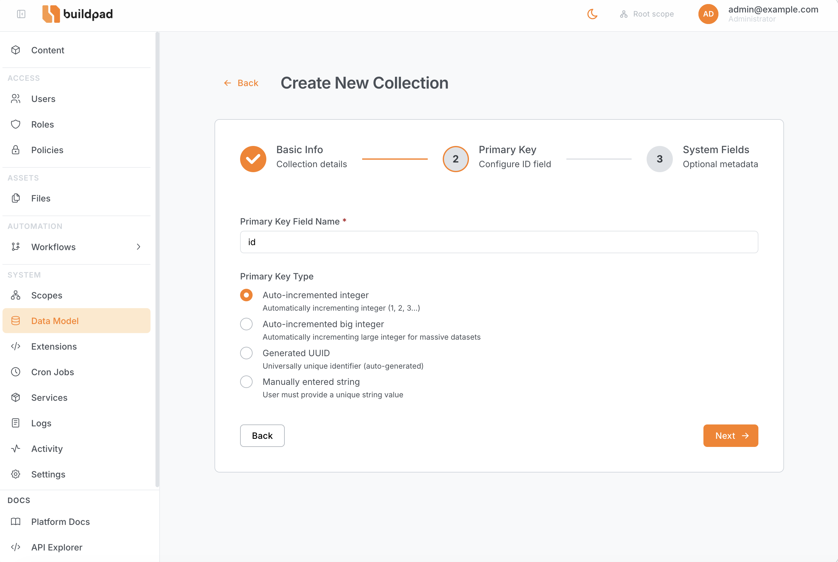 Create Collection wizard showing PK type options