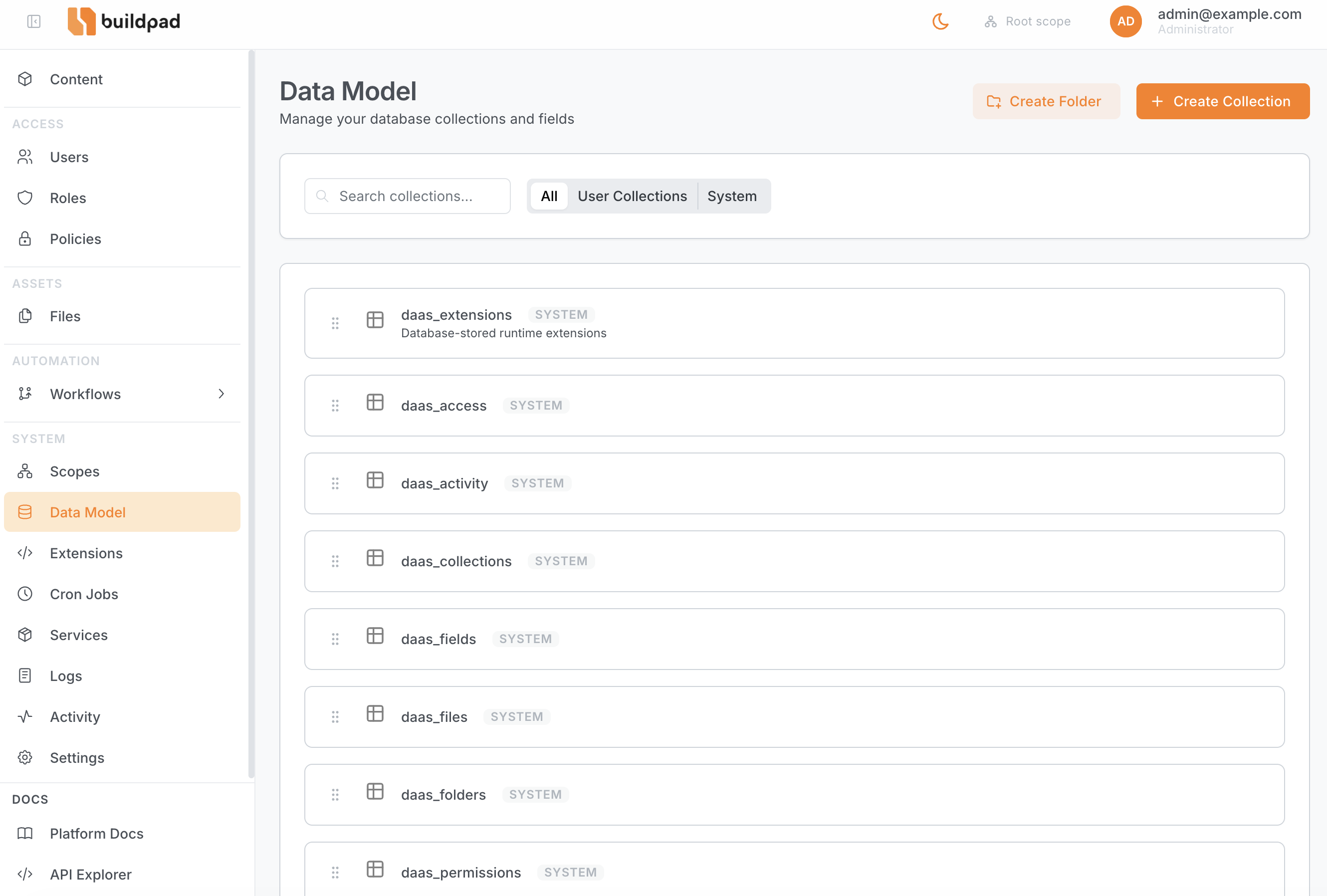 Data Model page showing collections list